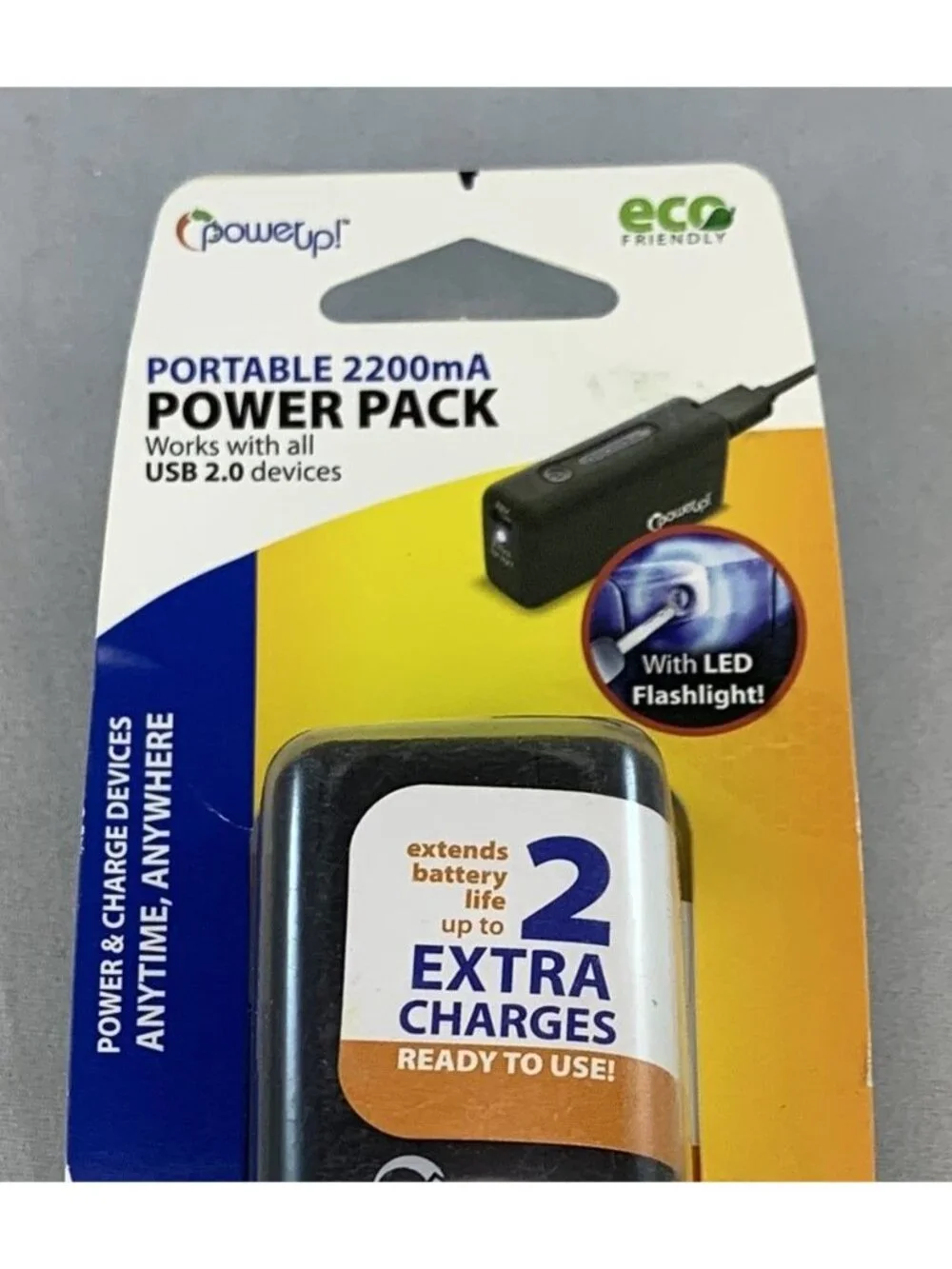 PowerUp! Portable 2200mA Power Pack USB Battery Charger With LED Flashlight NEW